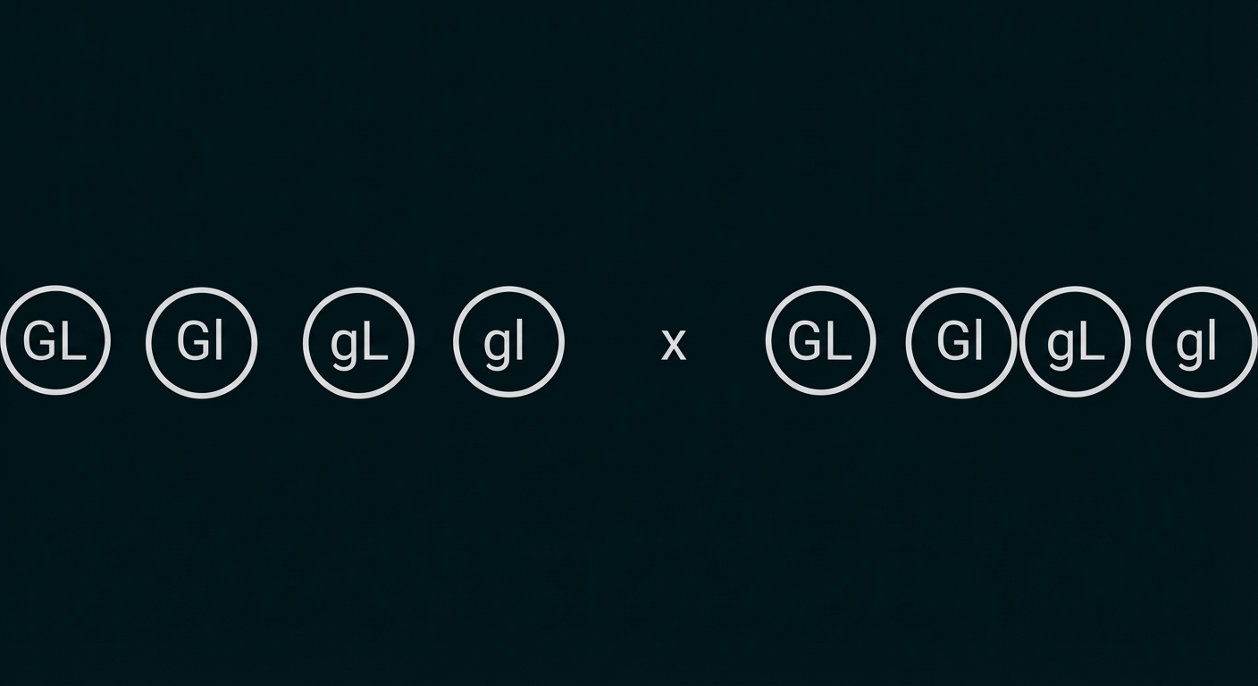Vier Kreise beschriftet mit GL, GI, gL, gl, gefolgt von '×' und derselben vierer Reihe.
